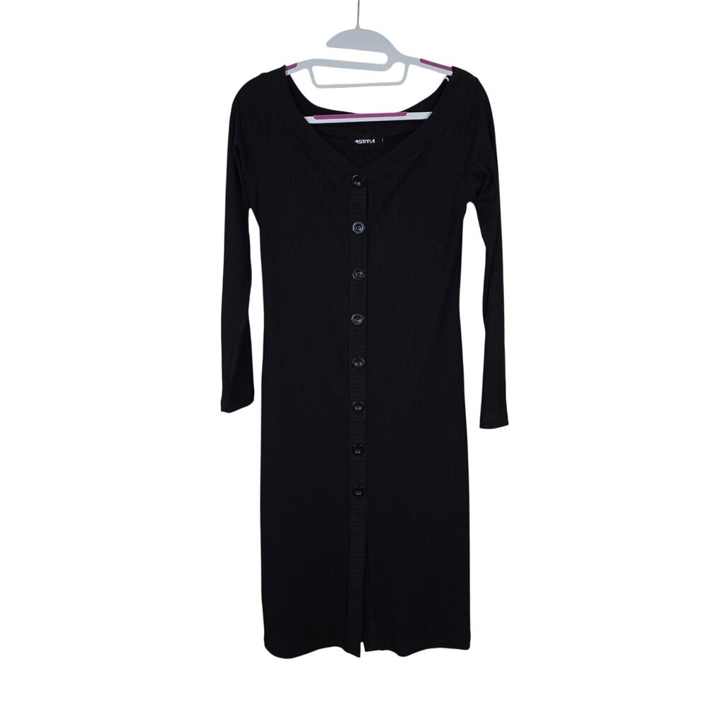 Women's For Sienna Black Button Down Ribbed Knit Midi Dress | Size Medium
